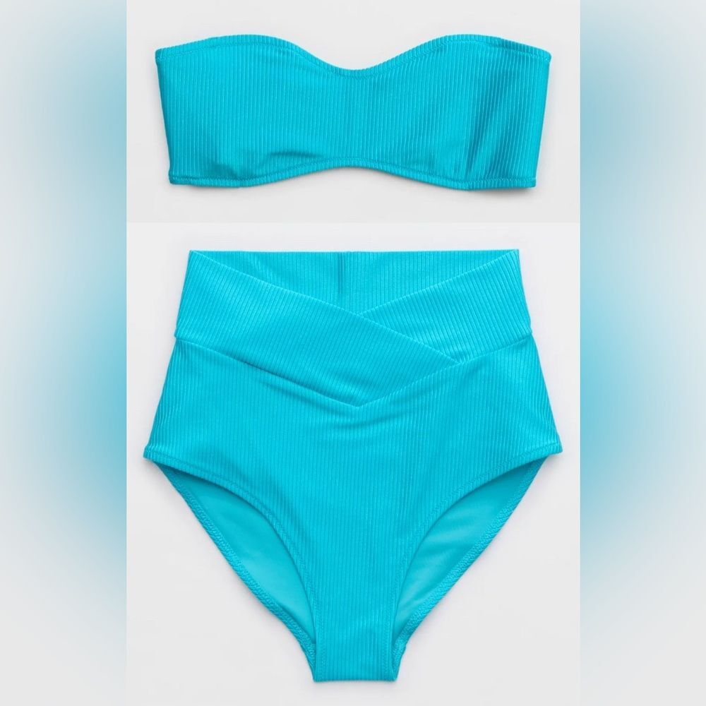NWT Aerie FULL SET Shine Rib Bandeau Top + High Waist Full Coverage Bottom Blue